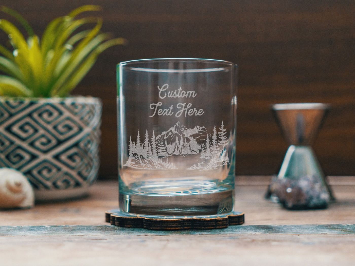 Custom Name Text Engraved Glasses, Mountain Theme