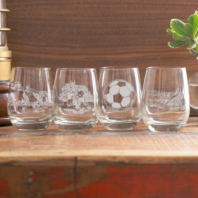 Vintage Soccer Match Glasses (Set of 4) Personalized Beer, Cocktail, Whiskey, & Wine glassware. Classic Sports gift. Man Cave Barware Decor.
