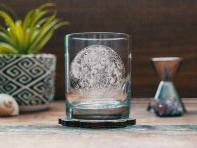 Custom Full Moon Engraved Glasses | Personalized sport etched glassware for beer, whiskey, wine and cocktails. Home decor & league gift.