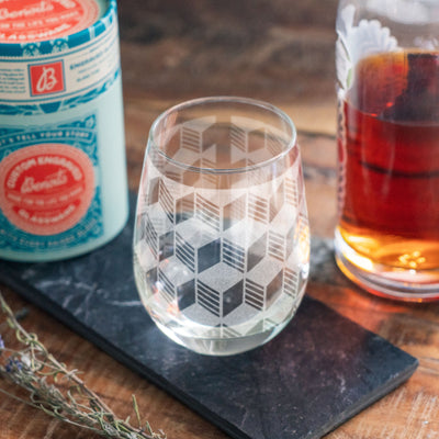 Classic Geometric 3D Cube Print Engraved Glasses | Beer, whiskey, wine & cocktail glassware. Retro classic style. Minimalist home decor.