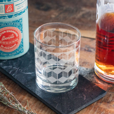 Classic Geometric 3D Cube Print Engraved Glasses | Beer, whiskey, wine & cocktail glassware. Retro classic style. Minimalist home decor.