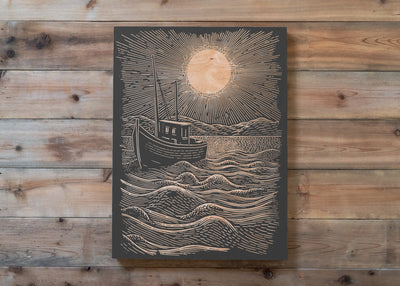 Fishing Boat Engraved Wood Panel | Block Print Inspired Nautical Wall Art, Rustic Cottage Illustration Home Decor, Beach House Print Gift
