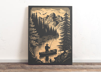 Fishing Scene Engraved Birch Wood Panel