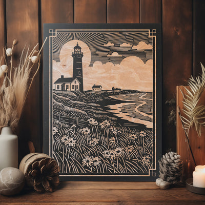 Lighthouse Flowers Engraved Wood Panel | Block Print Nautical Wall Art, Boating Illustration Cottage Home Decor, Beach House Print Gift