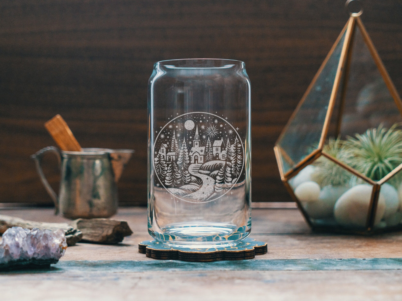 Winter Village Scene Glasses | Personalized laser etched glassware for beer, whiskey, wine & cocktails. Custom Christmas Holiday gift.