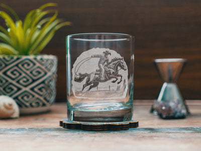 Rodeo Cowboy Scene Glasses | Personalized etched glassware for beer, whiskey, wine & cocktails. Western Desert Scene, Southwestern Decor.