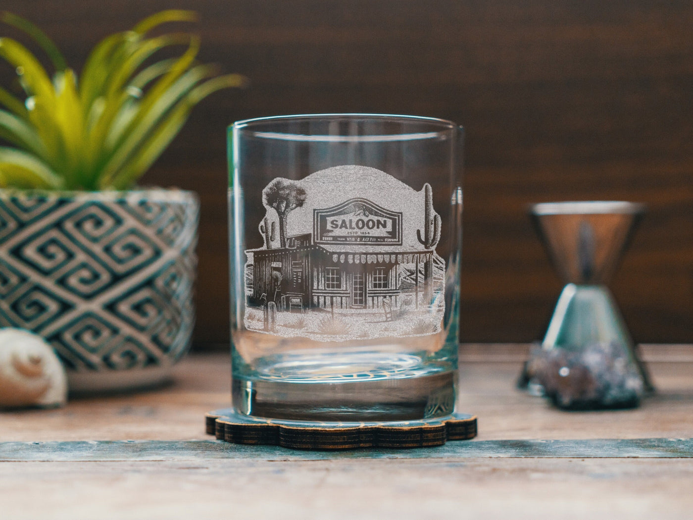 Western Saloon Scene Glasses | Personalized etched glassware for beer, whiskey, wine & cocktails. Western Desert Scene, Southwestern Decor.
