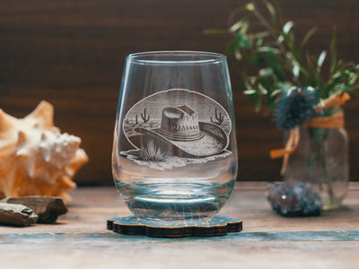 Cowboy Hat Scene Glasses | Personalized etched glassware for beer, whiskey, wine & cocktails. Western Desert Scene, Southwestern Decor.