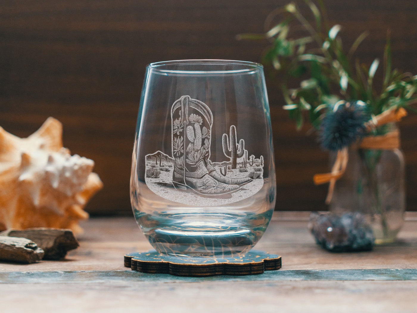Western Cowboy Boot Scene Glasses | Personalized etched glassware for beer, whiskey, wine & cocktails. Desert Scene, Southwestern Decor.