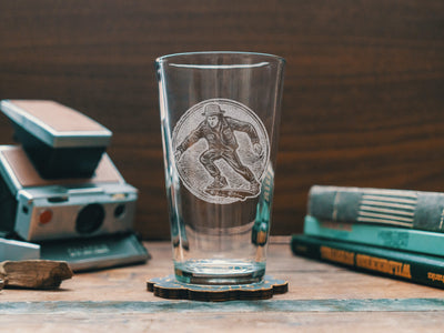 Skateboarder Glasses | Personalized etched beer, whiskey, wine & cocktail glassware. Skater Culture, Street Lifestyle gift, Summer Vibes.