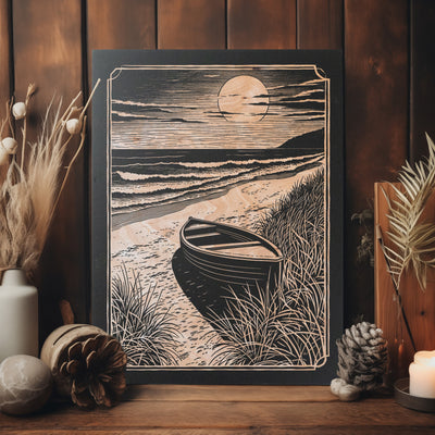 Wooden Dory on the Beach Engraved Wood Panel | Nautical Block Print Wall Art, Coastal Cottage Illustration Home Decor, Beach House Gift