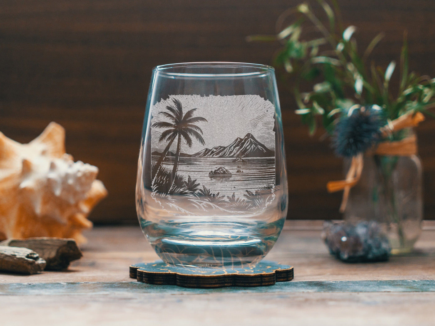 Scenic Island Landscape Glasses | Personalized etched beer, whiskey, wine & cocktail glassware. Beach Coast Lifestyle gift, Tropical Vibes.