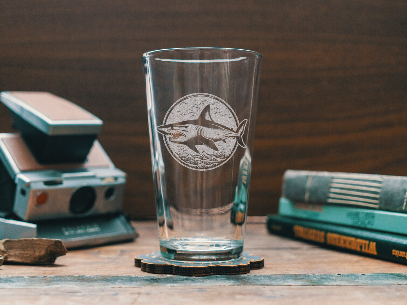 Great White Shark Glasses | Personalized etched beer, whiskey, wine & cocktail glassware. Beach Coastal Lifestyle gift, Ocean Summer Vibes.
