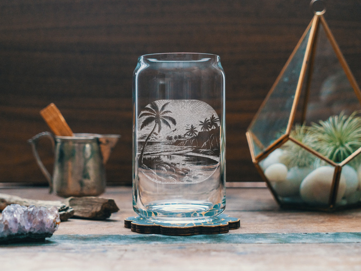 Tropical Beach Scene Glasses | Personalized etched beer, whiskey, wine & cocktail glassware. Beach Coast Lifestyle gift, Cool Summer Vibes.