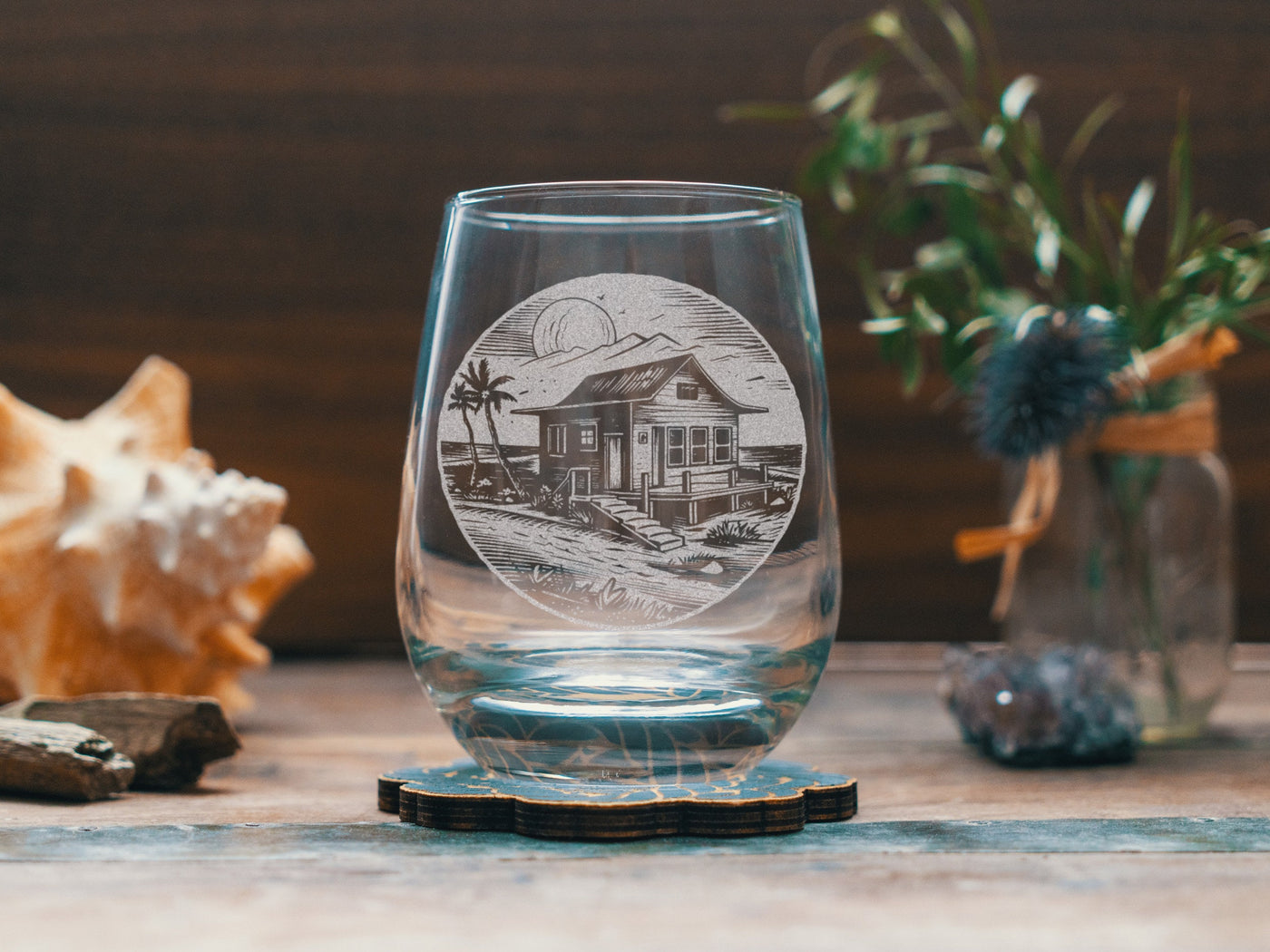 Surf Shack Scene Glasses | Personalized etched beer, whiskey, wine & cocktail glassware. Beach Coast Lifestyle gift, Tropical Summer Vibes.