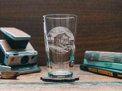 Surf Shack Scene Glasses | Personalized etched beer, whiskey, wine & cocktail glassware. Beach Coast Lifestyle gift, Tropical Summer Vibes.