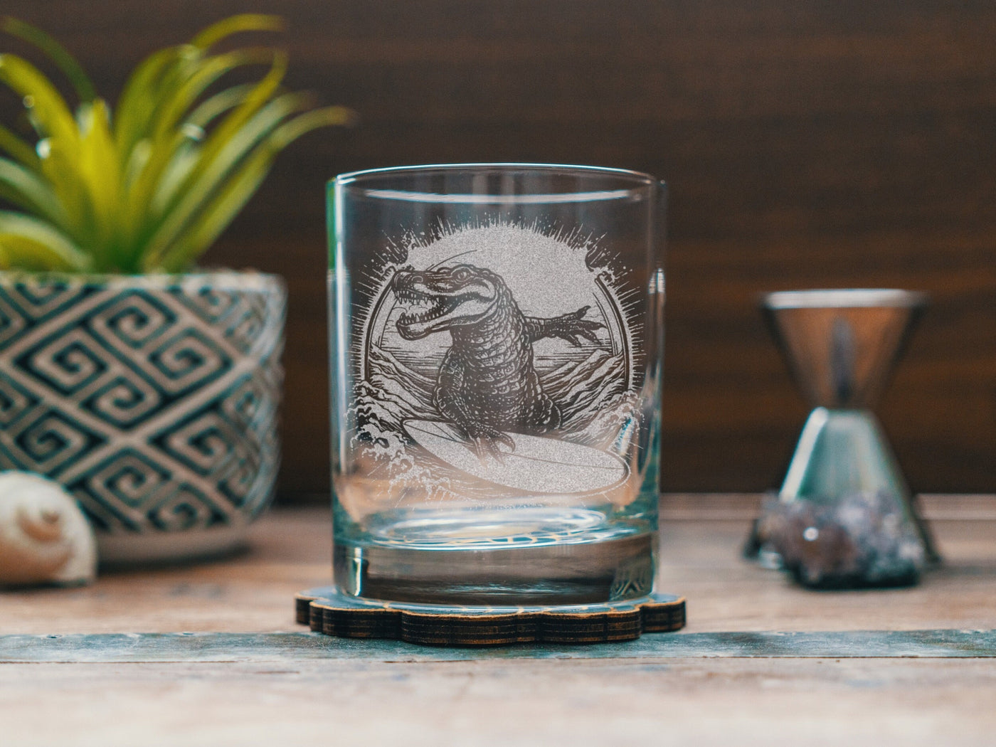 Surf Crocodile Scene Glasses | Personalized etched beer, whiskey, wine & cocktail glassware. Beach Lifestyle gift, Tropical Summer Vibes.