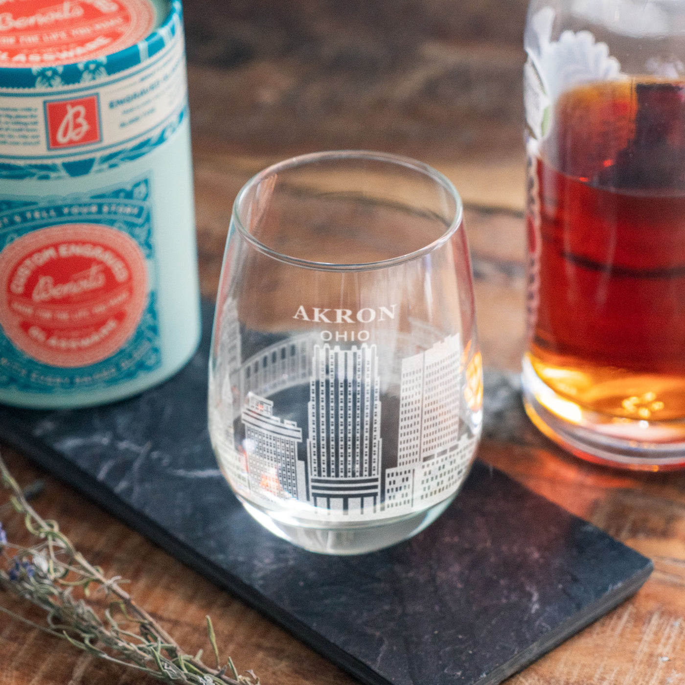 Akron, Ohio City Skyline Engraved Glasses