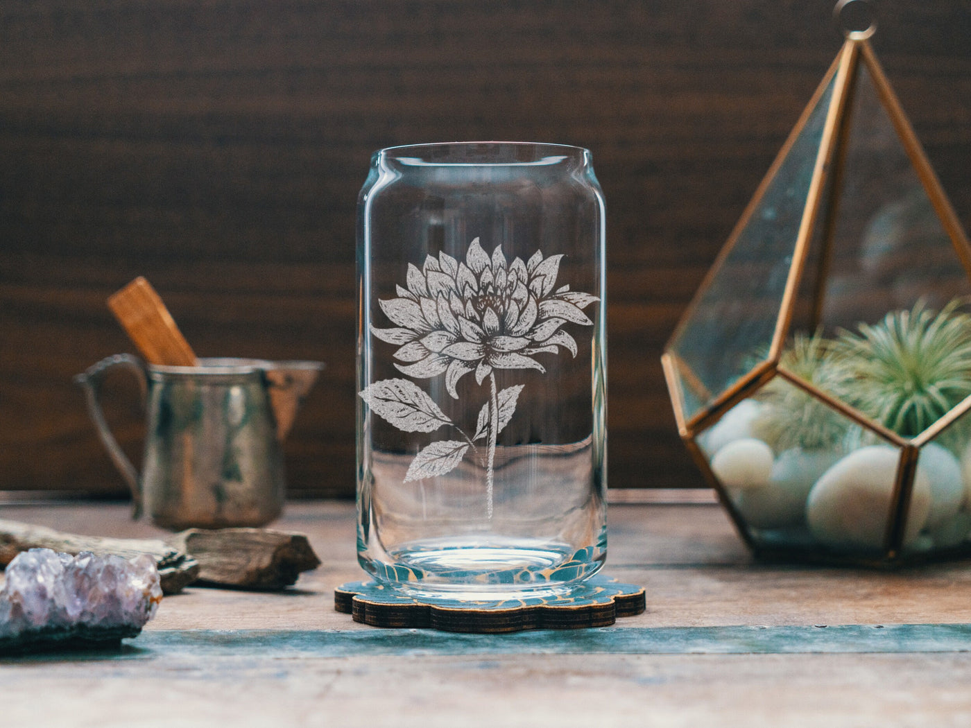 Dahlia Glasses | Personalized Beer, Cocktail, Whiskey, Wine glassware. Bridal floral gift. Botanical Feminine Flowers Boho Home Decor.