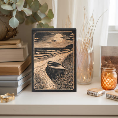 Wooden Dory on the Beach Mini Engraved Wood Panel