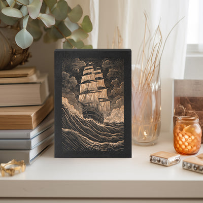 Clipper Ship Mini Engraved Wood Panel | Vintage Nautical Block Print Wall Art, Sailboat Illustration Decor, Rustic Beach House Print Gift