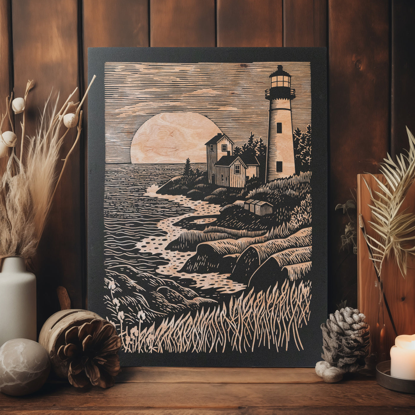 Lighthouse Engraved Wood Panel | Block Print Inspired Nautical Wall Art, Boating Illustration Cottage Home Decor, Beach House Print Gift