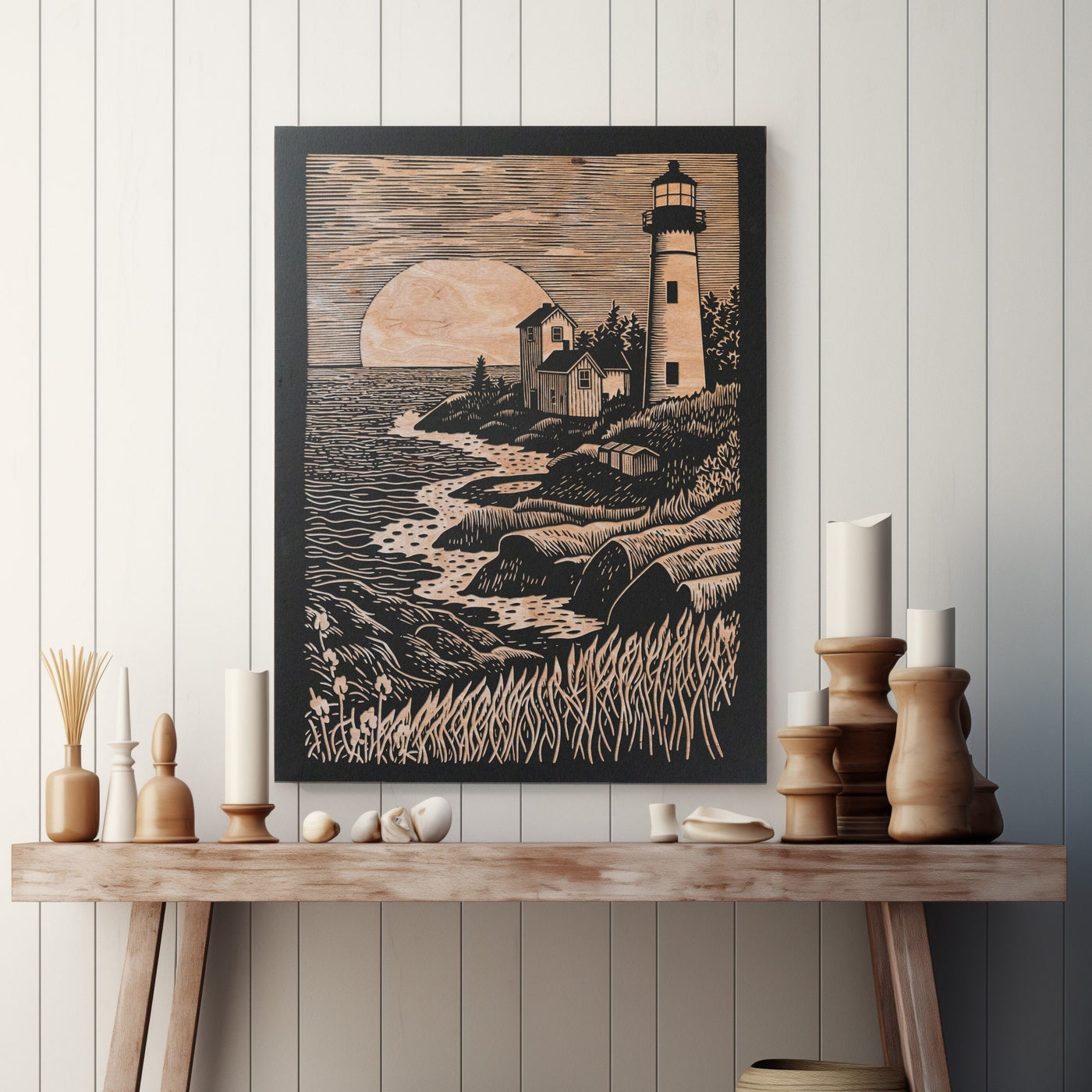 Lighthouse Engraved Wood Panel | Block Print Inspired Nautical Wall Art, Boating Illustration Cottage Home Decor, Beach House Print Gift
