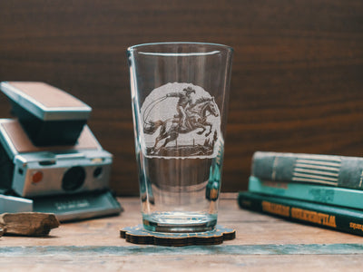 Rodeo Cowboy Scene Glasses | Personalized etched glassware for beer, whiskey, wine & cocktails. Western Desert Scene, Southwestern Decor.