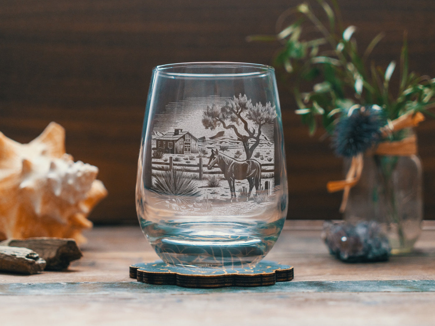 Wild West Horse Ranch Glasses | Personalized etched glassware for beer, whiskey, wine & cocktails. Western Desert Scene, Southwestern Decor.