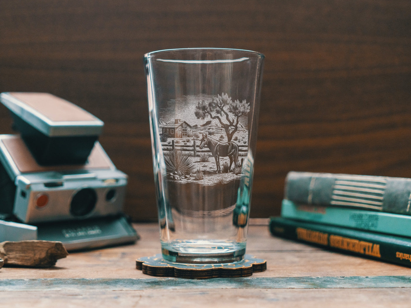 Wild West Horse Ranch Glasses | Personalized etched glassware for beer, whiskey, wine & cocktails. Western Desert Scene, Southwestern Decor.