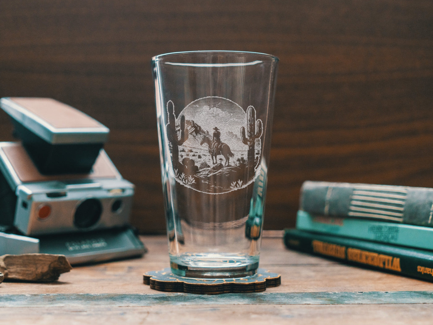 Cowboy on the Range Scene Glasses | Personalized etched glassware for beer, whiskey, wine & cocktails. Western Desert, Southwestern Decor.