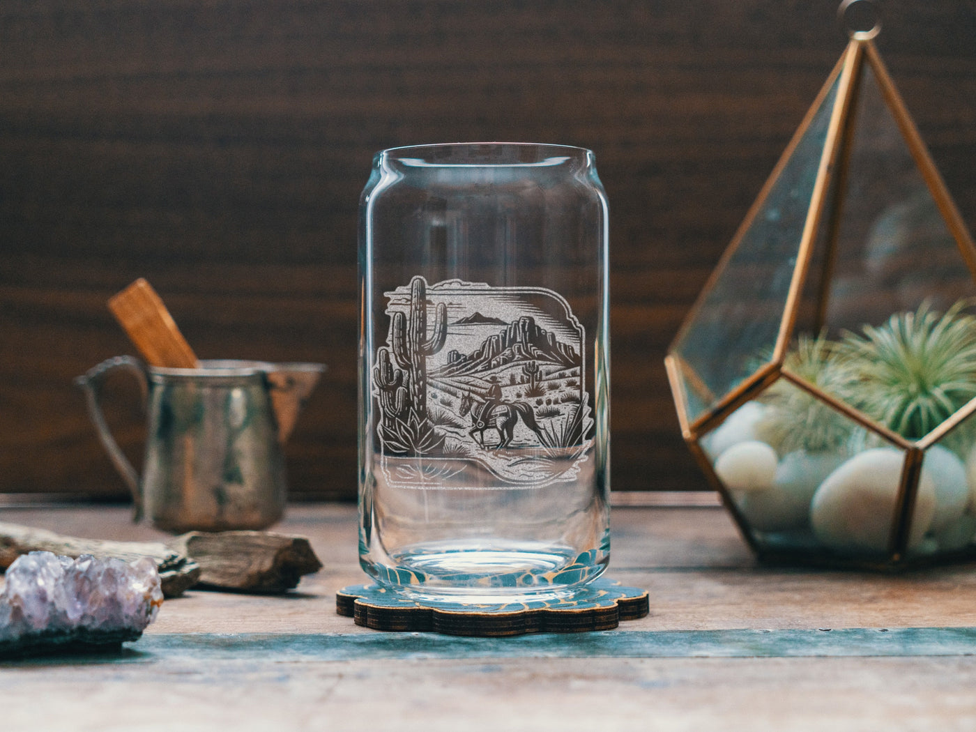 Riding Cowboy Scene Glasses | Personalized etched glassware for beer, whiskey, wine & cocktails. Western Desert Scene, Southwestern Decor.