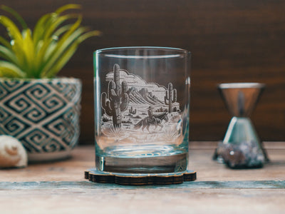 Cowboy in the Desert Scene Glasses | Personalized etched glassware for beer, whiskey, wine & cocktails. Western Ranch, Southwestern Decor.