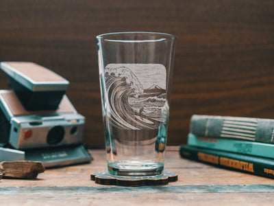 Surfing Scene Glasses | Personalized etched beer, whiskey, wine & cocktail glassware. Beach Coast Lifestyle gift, Tropical Summer Vibes.