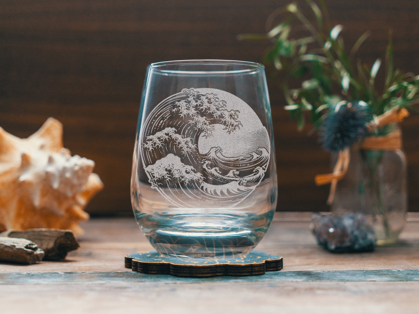 Crashing Wave Scene Glasses | Personalized etched beer, whiskey, wine & cocktail glassware. Beach Coast Lifestyle gift, Tropical Summer Vibe