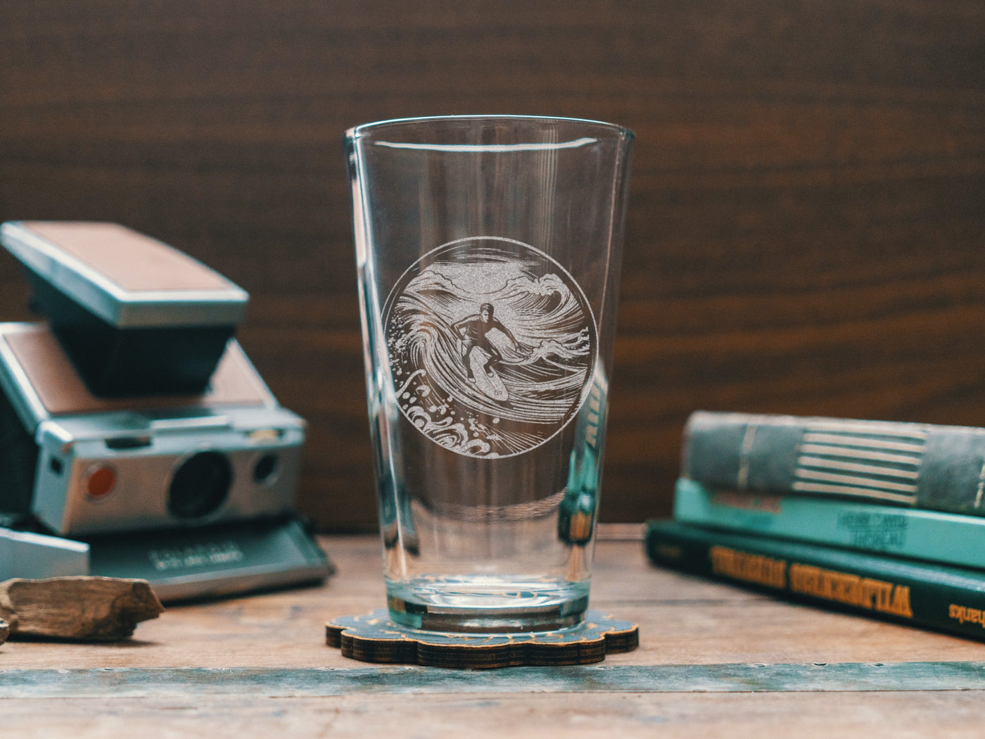 Ride the Wave Scene Glasses | Personalized etched beer, whiskey, wine & cocktail glassware. Beach Coast Lifestyle gift, Tropical Summer Vibe