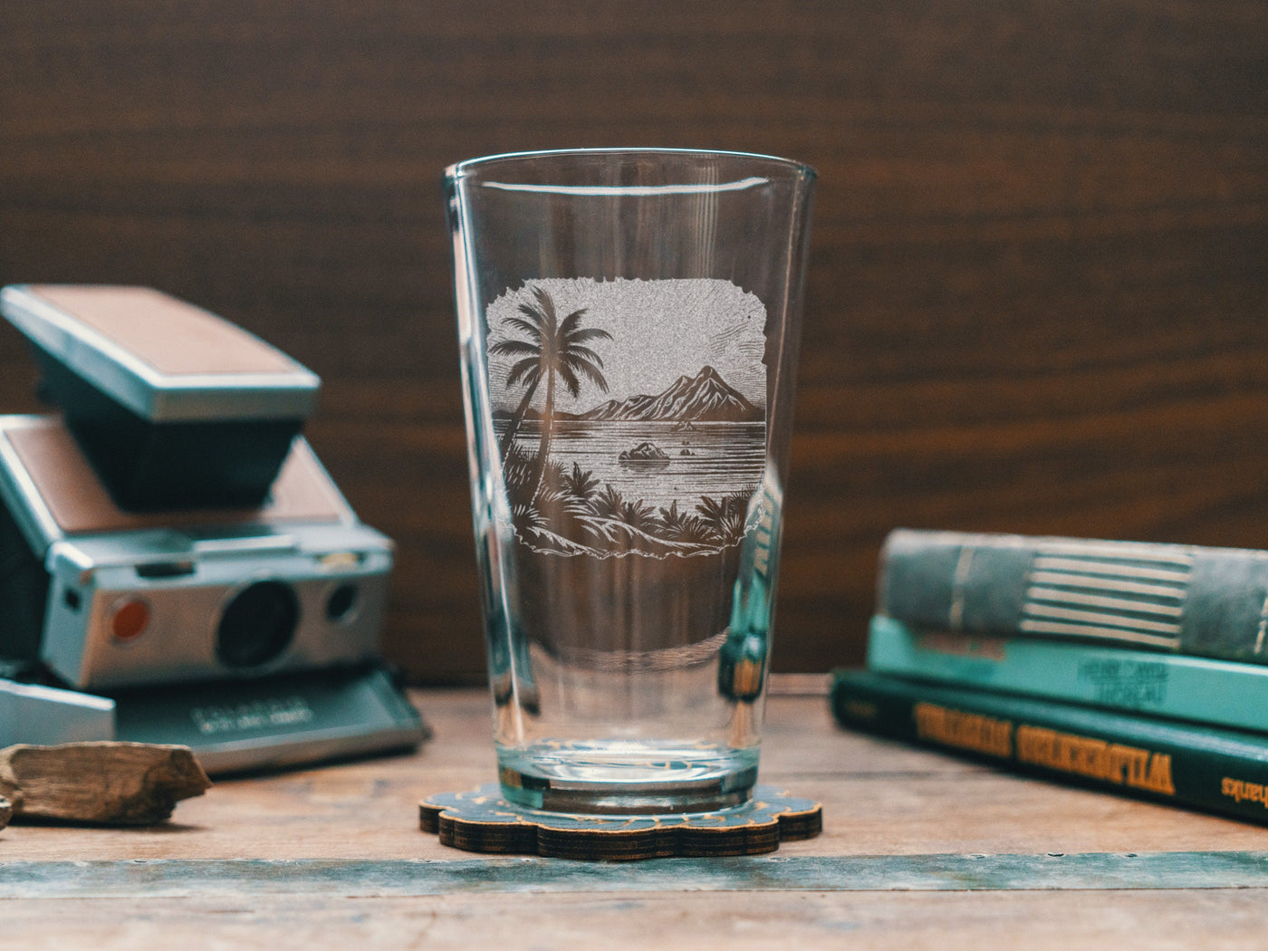 Scenic Island Landscape Glasses | Personalized etched beer, whiskey, wine & cocktail glassware. Beach Coast Lifestyle gift, Tropical Vibes.