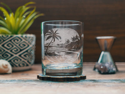 Tropical Beach Scene Glasses | Personalized etched beer, whiskey, wine & cocktail glassware. Beach Coast Lifestyle gift, Cool Summer Vibes.