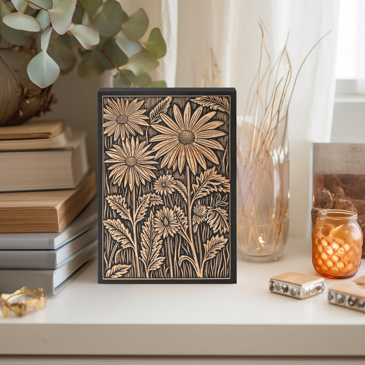 Mini Daisies Engraved Birch Wood Panel | Block Print Inspired Floral Wall Art, Rustic Flora Illustration Print, Farmhouse Home Decor Gift