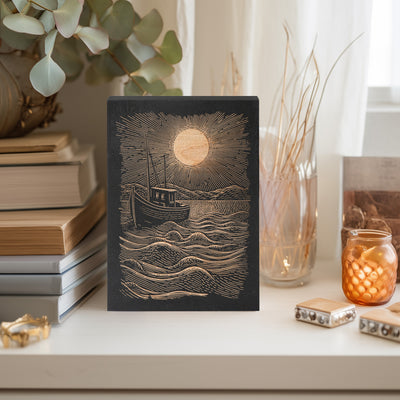Fishing Boat Mini Engraved Wood Panel | Block Print Style Nautical Wall Art, Rustic Cottage Illustration Home Decor, Beach House Print Gift