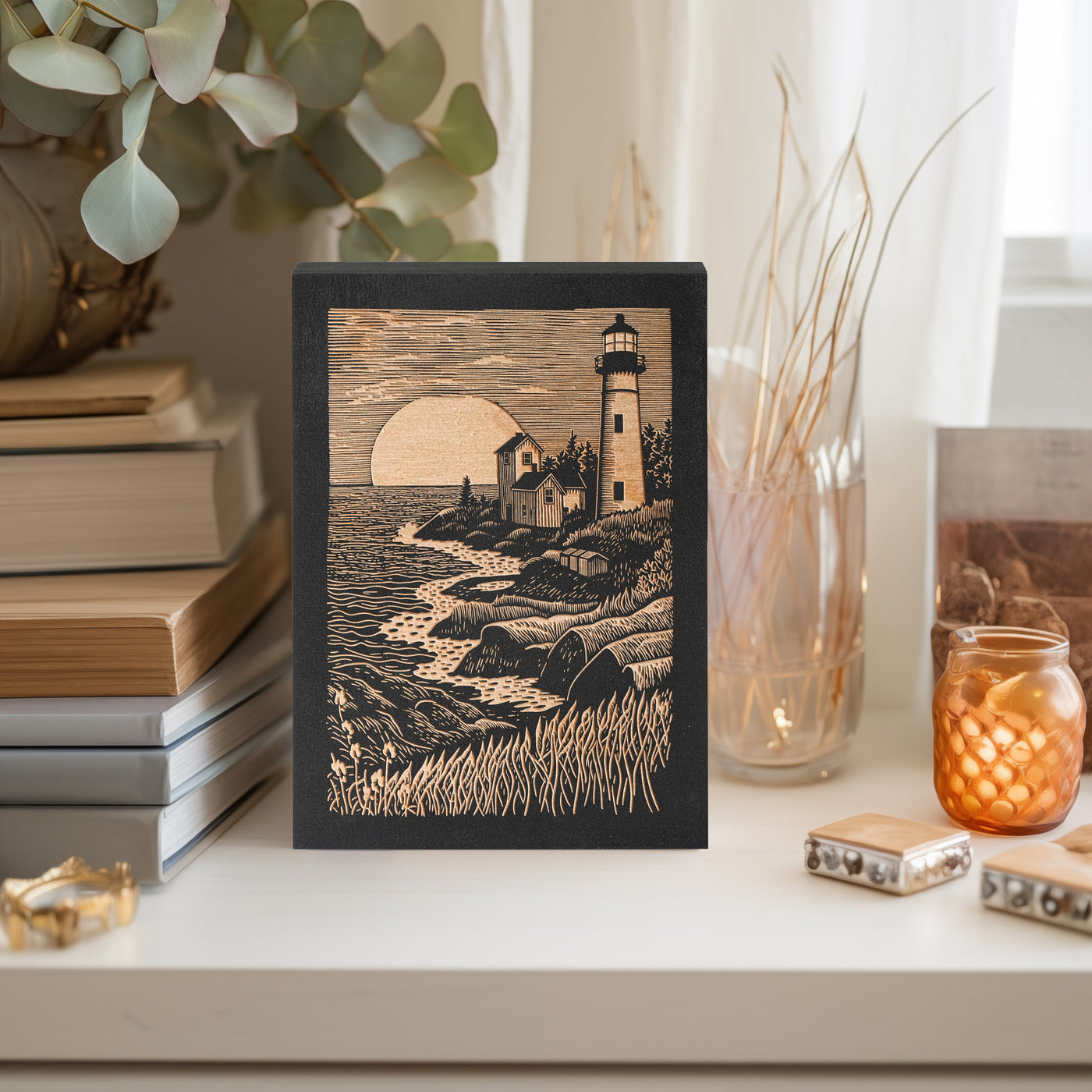 Lighthouse Mini Engraved Wood Panel | Block Print Style Nautical Wall Art, Boating Illustration Cottage Home Decor, Beach House Print Gift