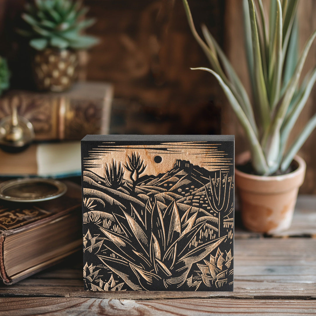Cactus Desert Scene Engraved Illustration