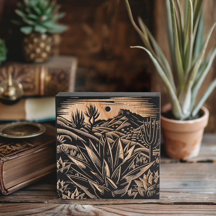 Cactus Desert Scene Engraved Illustration