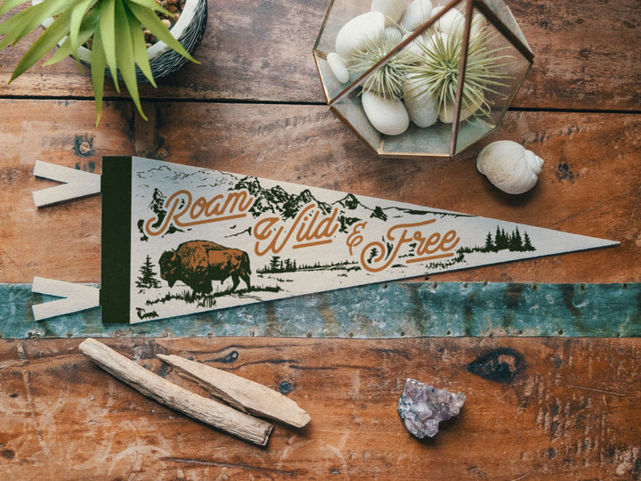 Roam Wild &amp; Free Felt Pennant | Vintage Rustic Wild West Banner, Buffalo Room Decor, Cowboy Gift for Kids, Western Cowgirl Nursery Wall Art