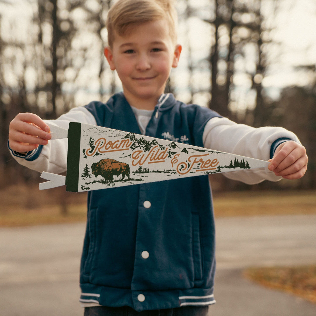 Roam Wild & Free Felt Pennant | Vintage Rustic Wild West Banner, Buffalo Room Decor, Cowboy Gift for Kids, Western Cowgirl Nursery Wall Art