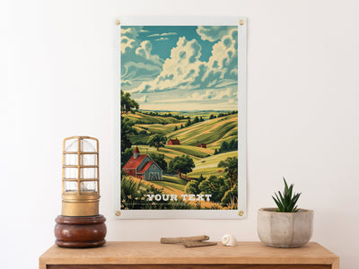 Custom Travel Poster Felt Banner | Farm House Illustration, Personalized destination art, Vintage home decor, Sentimental location gift