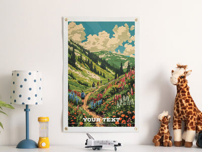 Custom Travel Poster Felt Banner | Summer Hikers Illustration, Personalized destination art, Vintage home decor, Sentimental location gift