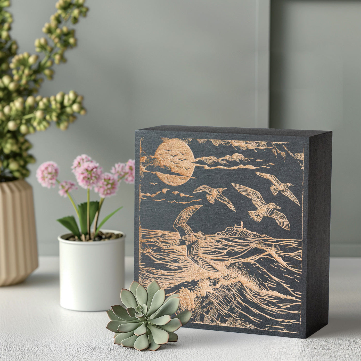 Sea Gull Scene Mini Engraved Birch Wood Panel