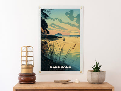 Custom Travel Poster Felt Banner | Lake Fisherman Illustration, Personalized destination art, Vintage home decor, Sentimental location gift
